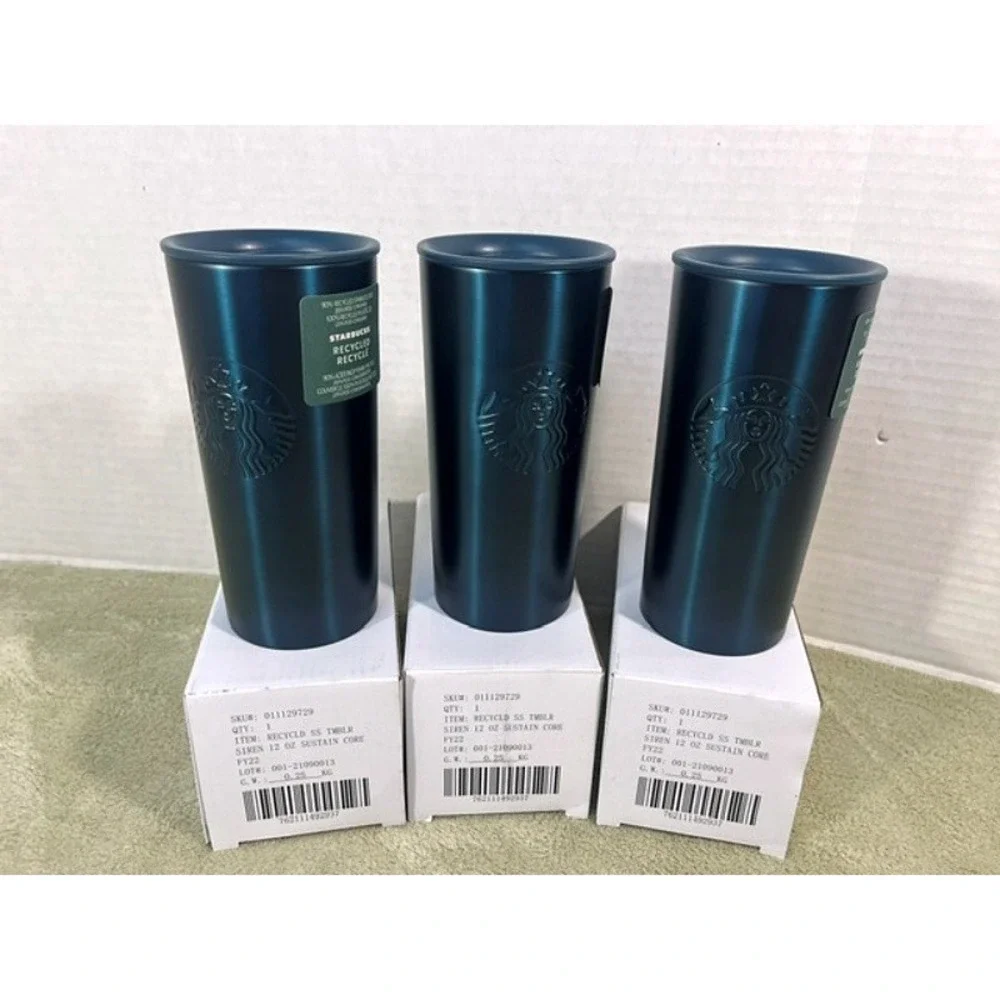 Lot of 3 - Starbucks 12oz Tumbler Recycled Stainless Steel Metal Cup Teal Green